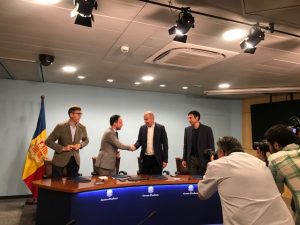Ministre d'Afers Socials, Justícia i Interior del Govern d'Andorra, Xavier Espot i Turi Mora durant l'acte de signatura del conveni.